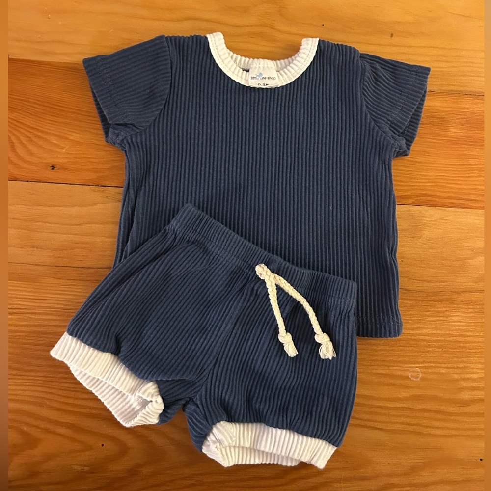 Little One Shop Ribbed Navy Blue Short Set with Cream Trim 0-3M